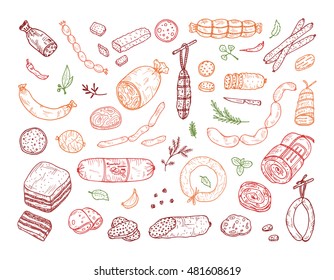 Food. Sausages set. Hand drawn doodle Meat products: Ready sausage, bacon, sliced saveloy, sausage, spicy pepperoni, smoked sausages, stick of salami, baked meatloaf, frankfurters