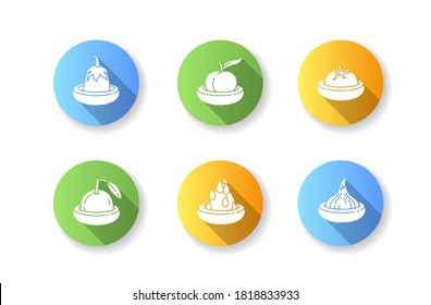 Food savers flat design long shadow glyph icons set. Responsible consumption, zero waste lifestyle. Round silicone food huggers for fruits and vegetables Silhouette RGB color illustrations