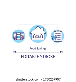 Food savings concept icon. Products and money economy tips idea thin line illustration. Food preservation, eating at home, shopping list. Vector isolated outline RGB color drawing. Editable stroke