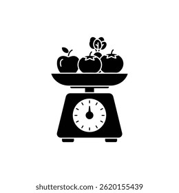 Food Scale with Fruits and Vegetables Symbolizing Portion Control and Balanced Nutrition