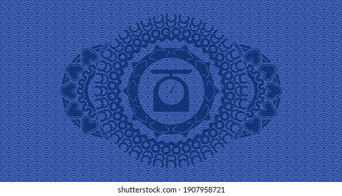 food scale icon inside blue japanese style pattern realistic badge. Geometric classic background. Artistic illustration. 