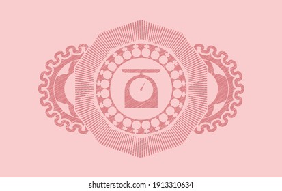 food scale icon inside Pink stroke realistic emblem. Rose color classic background. Intense illustration. 