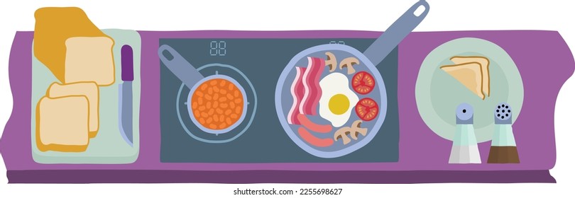 Food scene of cooking or preparing a full English fried breakfast in a kitchen in an abstract cubist flat modern cartoon style