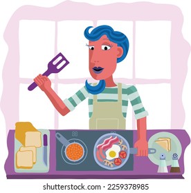 Food scene of a woman cooking or preparing a full English fried breakfast in a kitchen. In an abstract cubist flat modern cartoon style