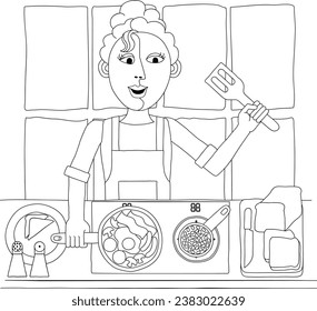 Food scene of a woman cooking or preparing a full English fried breakfast in a kitchen in an abstract cubist flat modern cartoon style