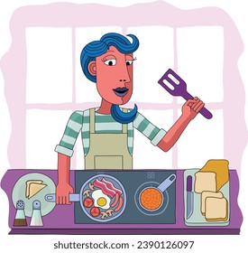 Food scene of a woman cooking or preparing a full English fried breakfast in a kitchen. In an abstract cubist flat modern cartoon style
