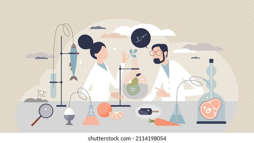 Food science as microbiology and gene work for nutrition tiny person concept. Vegetables and meat artificial growing technology or genetic modification for healthy eco products vector illustration.