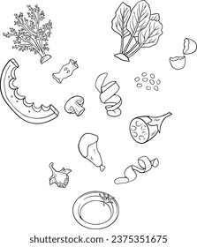 Food scraps set, vegetable scraps, illustration, line vector set 