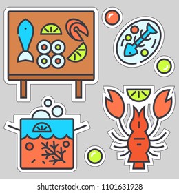 Food from the sea, use as stickers, icons for websites. Images of lobster, fish, soup, lemon, spices. Fish and sushi on the table. Dill in soup. Fish skeleton on a plate.
