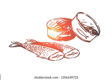 Food, Seafood, Fish, Tuna, Canned Food Concept. Hand Drawn Canned Food With Fish Concept Sketch. Isolated Vector Illustration.