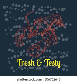 Food and seafood menu, with lobster or crayfish, in old etching vintage sketch hand drawn style, for restaurant and cafe business flyer, template and brochure design 
