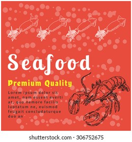 Food and seafood menu, with lobster or crayfish, in old etching vintage sketch hand drawn style, for restaurant and cafe business flyer, template and brochure design 
