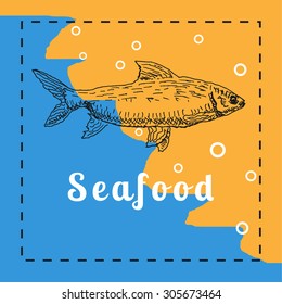 Food and seafood menu, with salmon fish, in old etching vintage sketch hand drawn style, for restaurant and cafe business flyer, template and brochure design 