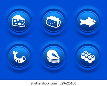 Food and Seafood on Blue Bevel Buttons