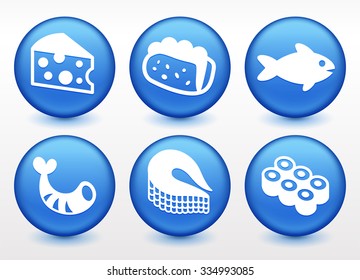 Food and Seafood on Blue Round Buttons