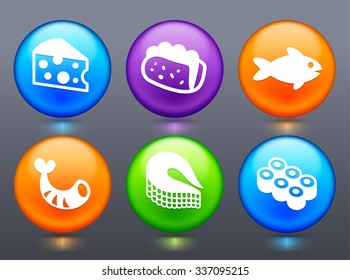 Food and Seafood on Colorful Round Buttons