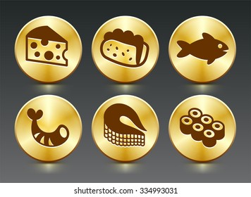 Food and Seafood on Gold Round Buttons