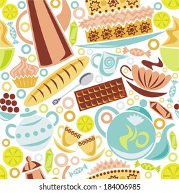 Food seamless background coffee tea cakes sweets vector illustration