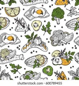 Food Seamless background. Hand Drawn Sketch Snacks: Sausages, Fried chicken, Scrambled eggs with bacon, Fish, Cheese and Vegetables.
