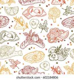 Food Seamless background. Hand Drawn Sketch Snacks: Sausages, Fried chicken, Scrambled eggs with bacon, Fish, Cheese and Vegetables