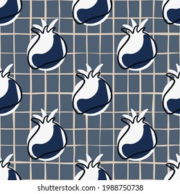 Food seamless pattern with abstract pomegranate ornament. Blue chequered background. Decorative backdrop for fabric design, textile print, wrapping, cover. Vector illustration.