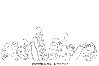  Food Seamless Pattern. Backgroud with Vegetables, Fruits, Meat and Bakery Products. Vector illustration.