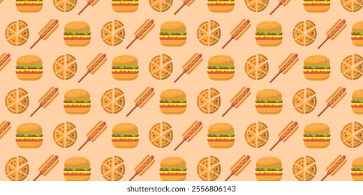 food seamless pattern background with icons of hamburger, pizza, hot dog on brown white and yellow background.