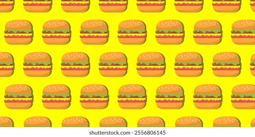 food seamless pattern background with icons of hamburger, pizza, hot dog on brown white and yellow background.