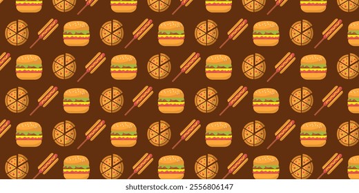 food seamless pattern background with icons of hamburger, pizza, hot dog on brown white and yellow background.