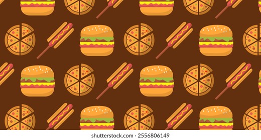 food seamless pattern background with icons of hamburger, pizza, hot dog on brown white and yellow background.