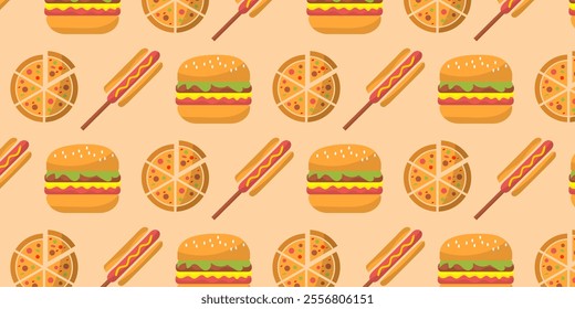 food seamless pattern background with icons of hamburger, pizza, hot dog on brown white and yellow background.