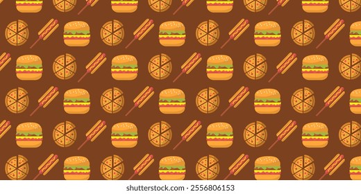 food seamless pattern background with icons of hamburger, pizza, hot dog on brown white and yellow background.