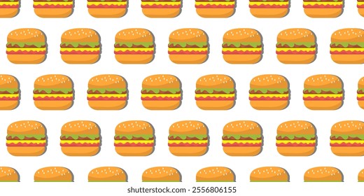 food seamless pattern background with icons of hamburger, pizza, hot dog on brown white and yellow background.