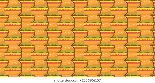 food seamless pattern background with icons of hamburger, pizza, hot dog on brown white and yellow background.