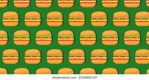 food seamless pattern background with icons of hamburger, pizza, hot dog on brown white and yellow background.