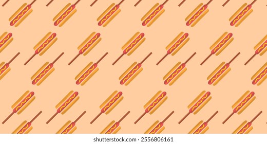 food seamless pattern background with icons of hamburger, pizza, hot dog on brown white and yellow background.