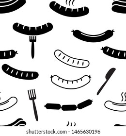 Food seamless pattern with barbecue sausage, fork ans knife. Black and white design. Vector illustration