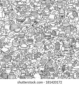 Food seamless pattern in black and white (repeated) with mini doodle drawings (icons). Illustration is in eps8 vector mode.
