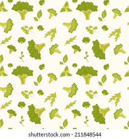 Food seamless pattern. Broccoli with leaves.