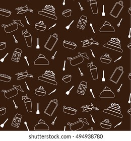 Food seamless pattern. Brown background. White contour