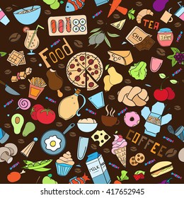 Food seamless pattern can be used for wallpaper, website background, textile printing. Doodles hand drawn vector symbols and objects