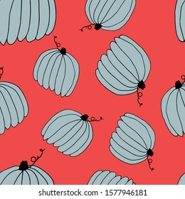 Food seamless pattern in cardboard style. Abstract botanical print of pumpkins. Textile design texture. Autumn background vector illustration. Thanksgiving and Halloween symbol