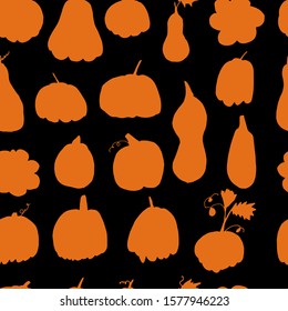 Food seamless pattern in cardboard style. Abstract botanical print of pumpkins. Textile design texture. Autumn background vector illustration. Thanksgiving and Halloween symbol