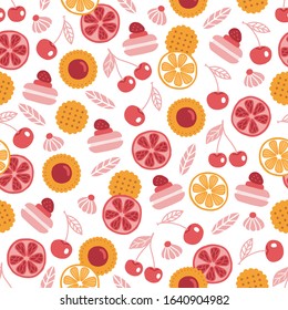 Food seamless pattern with cookie, macaron, leaves, cherry, strawberry, orange and lemon slices on white background. Perfect for wallpaper, bakery menu, wrapping paper, greeting cards