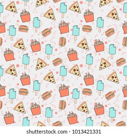 Food seamless pattern design - seamless texture with burger, ice cream, pizza and French fries