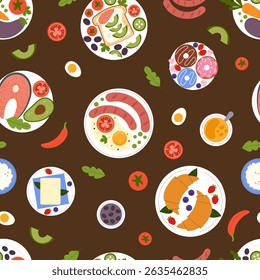 Patrón inconsútil de la comida. Diferentes desayunos y cenas en platos. Producto de cocina. Decoración textil, papel de embalaje, Fondo de pantalla. Estampado culinario para tela. Vector de dibujos animados de estilo plano aislado ilustración