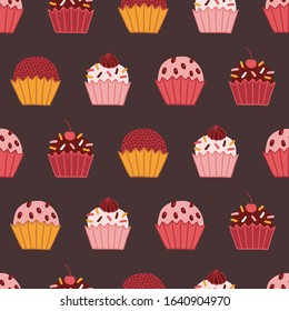 Food seamless pattern with different cupcakes with cream and cherry on dark background. Perfect for wallpaper, bakery menu, wrapping paper, greeting cards