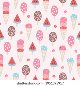 Food seamless pattern with different ice creams, flower on white background. Perfect for wallpaper, wrapping paper, spring and summer greeting cards. Scandinavian style. Hand drawn vector illustration