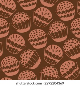 Food seamless pattern with doodle chocolate candy. Hand drawn brown seamless background with falling Brazilian Brigadeiro desserts pink contours. Vector illustration