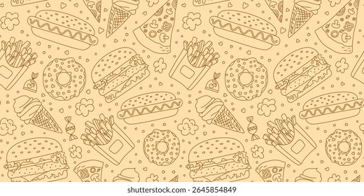 Food seamless pattern. Doodle vector sketch. Fast food set. Burger, hamburger, cheeseburger, fries and ice cream. Hot dog, pizza and donut. Vector hand drawn   illustration for restaurant menu